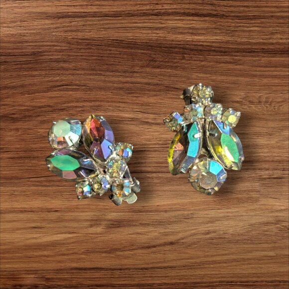 Vintage Rhinestone Clip-On Earrings Silver & Iridescent Sparkle Estate - Picture 1 of 5